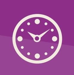 A white clock with black dots on a purple background

Description automatically generated